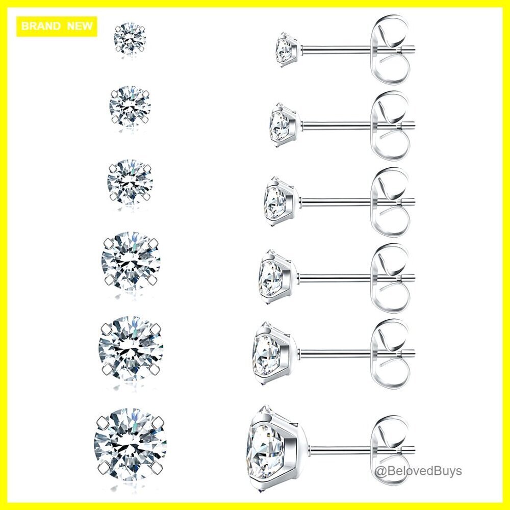 6 Pairs Stud Earrings Set Hypoallergenic Cubic Zirconia Stainless Steel